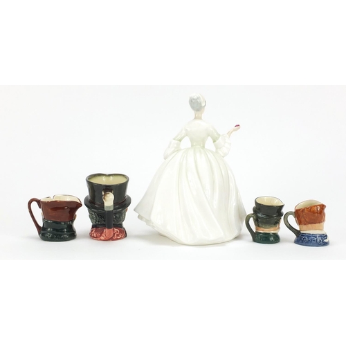 218 - Four miniature Royal Doulton character jugs and a Royal Doulton figurine, 20cm high