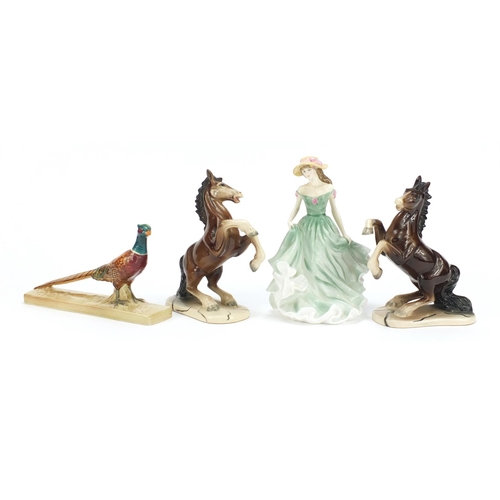 210 - China animals and figures comprising a Beswick pheasant, pair of Jema horses and Royal Doulton figur... 