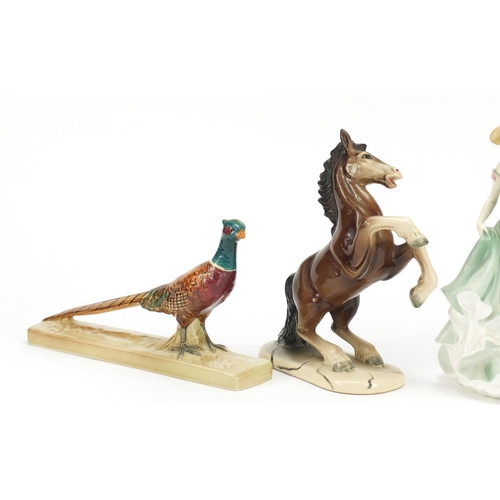 210 - China animals and figures comprising a Beswick pheasant, pair of Jema horses and Royal Doulton figur... 