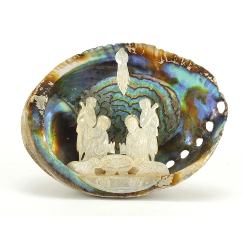 199 - Carved abalone and mother of pearl nativity shell