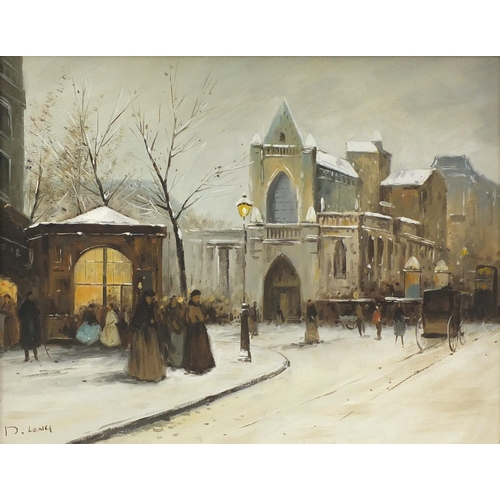43 - D. Long - Victorian snowy street scene, oil onto canvas, framed, 50cm x 40cm