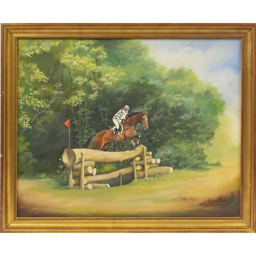 46 - RA Upson - Jockey on horseback jumping hurdles, oil on canvas, framed, 75cm x 60cm