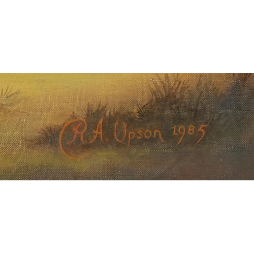 46 - RA Upson - Jockey on horseback jumping hurdles, oil on canvas, framed, 75cm x 60cm