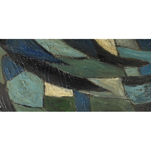 125 - After William Gear - Abstract composition, oil onto canvas, framed, 78.5cm x 38.5cm