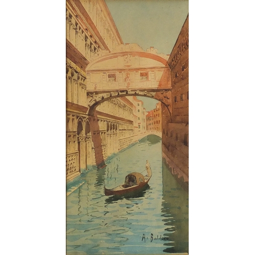 167 - A Baldero - Venetian canal, watercolour, mounted and framed, 29cm x 14cm