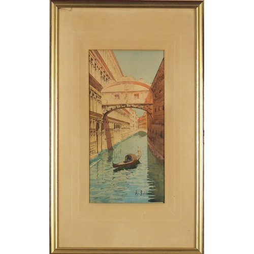 167 - A Baldero - Venetian canal, watercolour, mounted and framed, 29cm x 14cm