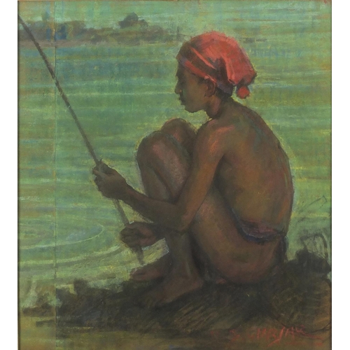 206 - Young fishermen, Indian school pastel, bearing an indistinct signature possibly Guriar, framed, 59cm... 