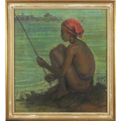 206 - Young fishermen, Indian school pastel, bearing an indistinct signature possibly Guriar, framed, 59cm... 