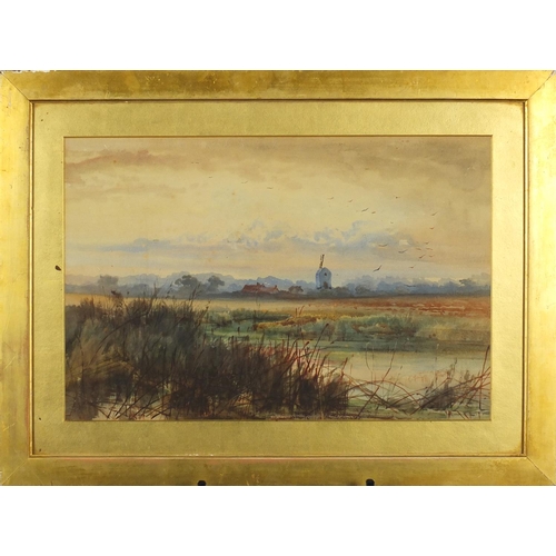 2209 - Marshland with windmill in the distance, 19th century Dutch school watercolour, bearing a monogram a... 