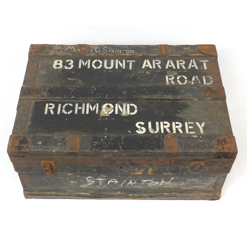 25 - Military interest metal bound wooden trunk, 35cm H x 77cm W x 53cm D