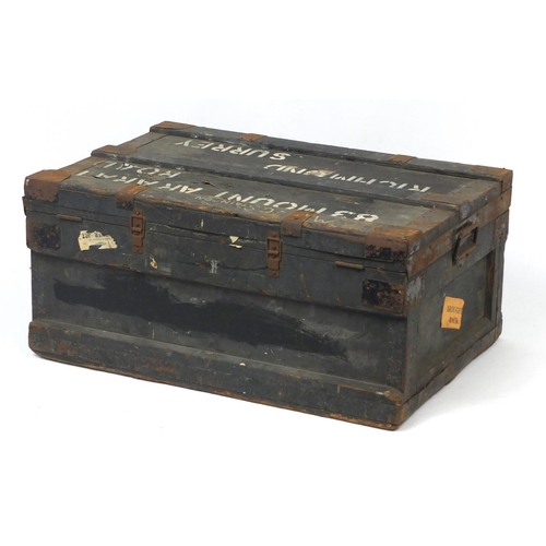 25 - Military interest metal bound wooden trunk, 35cm H x 77cm W x 53cm D