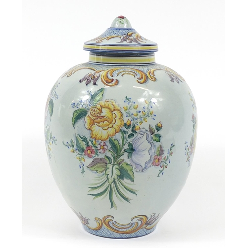 107 - Hand painted Portuguese porcelain vase and cover, 34cm high