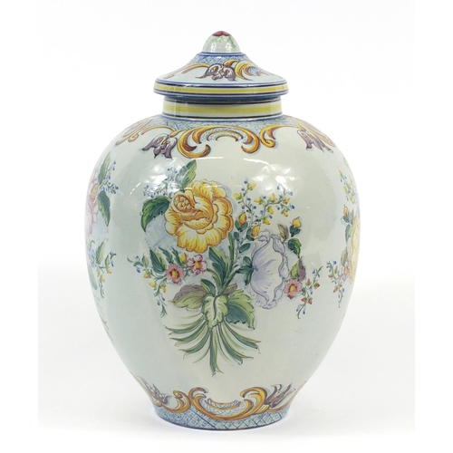 107 - Hand painted Portuguese porcelain vase and cover, 34cm high