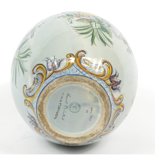 107 - Hand painted Portuguese porcelain vase and cover, 34cm high