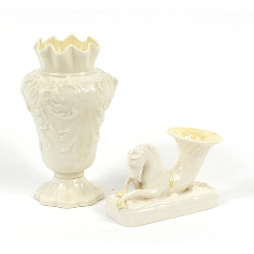 207 - Two Belleek porcelain vases, the larger 18cm high