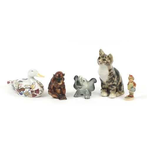 226 - China animals including Winstanley seated cat and a Goebel monkey, the largest 21cm high