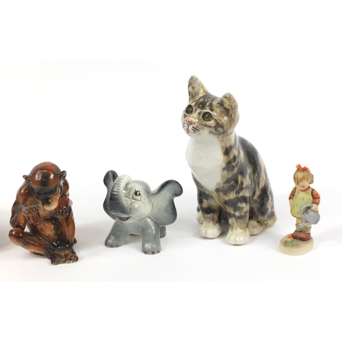 226 - China animals including Winstanley seated cat and a Goebel monkey, the largest 21cm high