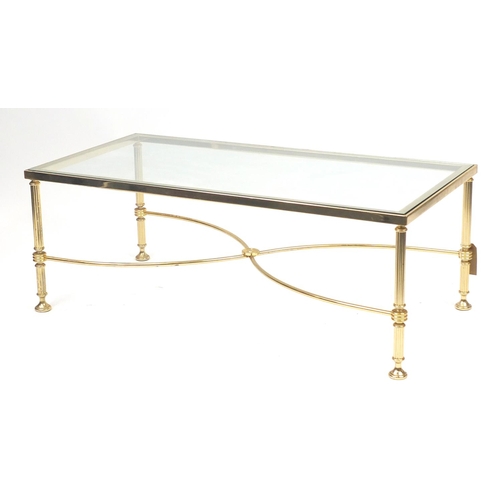 36 - Rectangular brass coffee table with glass top, 41cm H x 112cm W x 57cm D