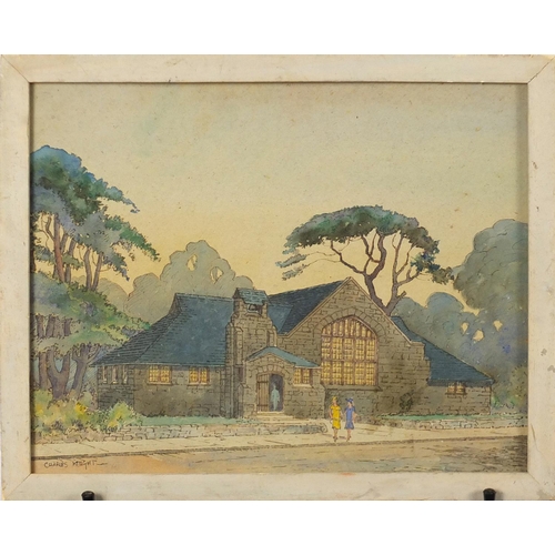 221 - After Charles Knight - Figures outside of a church, watercolour on card, framed, 38cm x 30cm