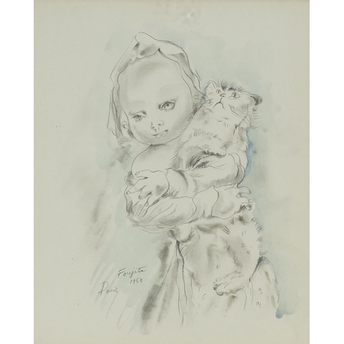 124 - Manner of Leonard Tsuguharu Foujita - Portrait of a girl holding a cat, watercolour, inscribed Paris... 