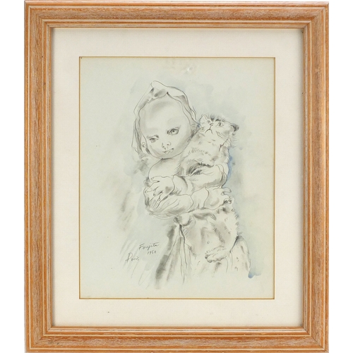 124 - Manner of Leonard Tsuguharu Foujita - Portrait of a girl holding a cat, watercolour, inscribed Paris... 