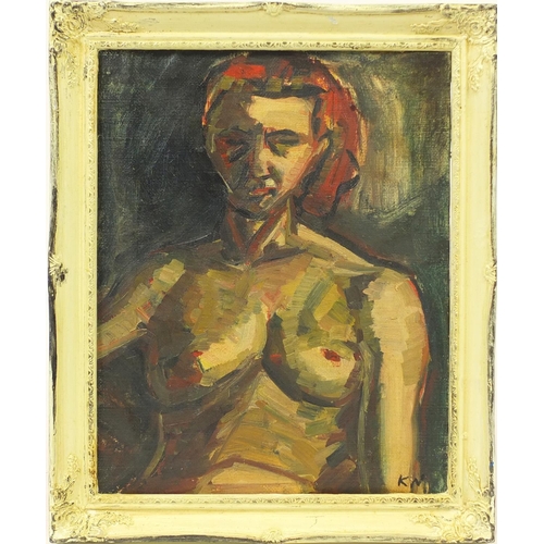 45 - Abstract composition, top half portrait of a nude female, oil on canvas, bearing a monogram KV and i... 
