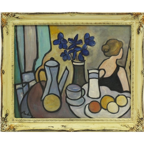 2198 - After Markey Robinson - Female with still life, Irish school oil on board, framed, 49cm x 39cm