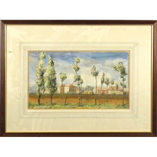 126 - Continental landscape, watercolour, bearing a monogram MB, mounted and framed, 43.5cm x 25cm