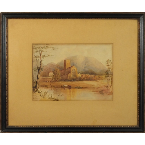 79 - Abby Church Worcestershire Beacon, 19th century watercolour, inscribed Frances A Barnes verso, mount... 