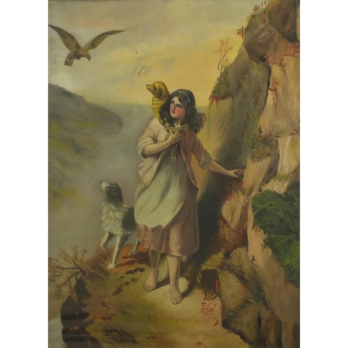 164 - Female with two dogs on a cliff edge looking at an eagle, 19th century oil on canvas, mounted and fr... 