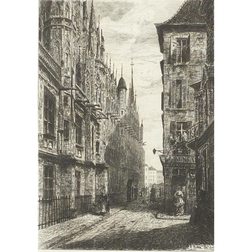 225 - French street scenes, two antique black and white engravings - one pencil signed M. Bramley Moore, e... 