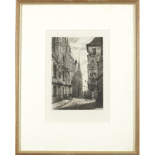 225 - French street scenes, two antique black and white engravings - one pencil signed M. Bramley Moore, e... 