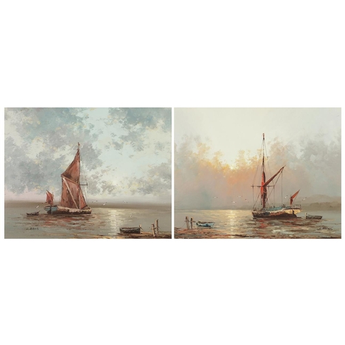 80 - Ships on Calm Seas - Pair of oil onto canvases, mounted and framed, each 49.5cm x 39.5cm