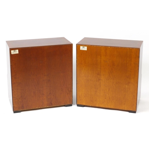 21 - Pair of feather band inlaid mahogany night stands, each fitted with a frieze drawer, 65cm H x 60cm W... 