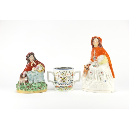 102 - Two Staffordshire Red Riding Hood figures and a God Speed the Plough loving cup, the largest 26cm hi... 