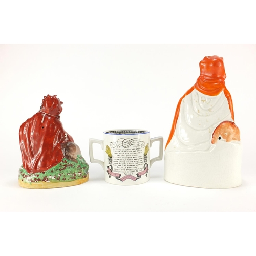 102 - Two Staffordshire Red Riding Hood figures and a God Speed the Plough loving cup, the largest 26cm hi... 