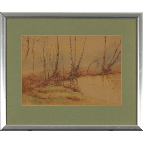 112 - Alfred M Stirner ? - Watercolour- Pond and trees, Pens Gallery label to reverse, 23cm x 15cm