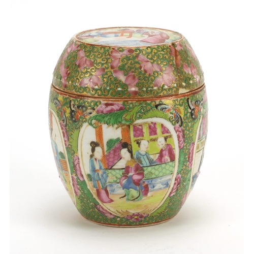 153 - Chinese porcelain jar and cover, hand painted with panels of figures amongst butterflies and flowers... 