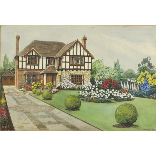 202 - J Hutton 1959 - Little Court, Chesterfield Kent, watercolour, mounted and framed, 50cm x 34cm