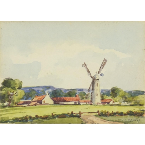 222 - Windmill and cottages- watercolour, pencil signed and framed, 17cm x 12cm