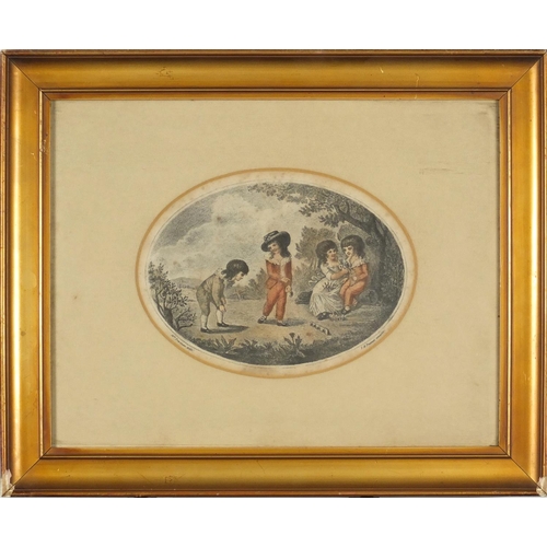 223 - 19th Century T B Freeman Aquatint- Children playing marbles, Mrs Trewineau delin, mounted and framed... 