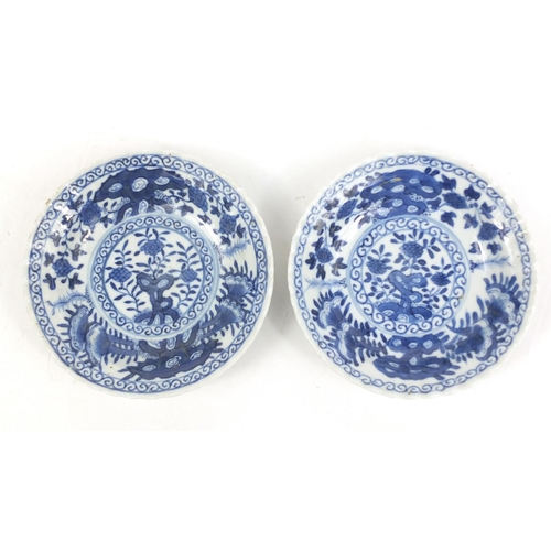 158 - Two Chinese blue and white porcelain dishes hand painted with flowers, each 12cm diameter