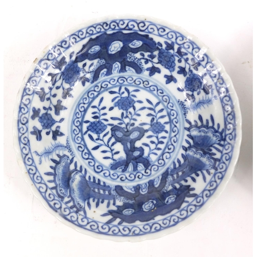 158 - Two Chinese blue and white porcelain dishes hand painted with flowers, each 12cm diameter