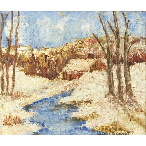 114 - Helene Boisvert - Winter Landscape, oil impasto onto board, framed, 29cm x 24cm