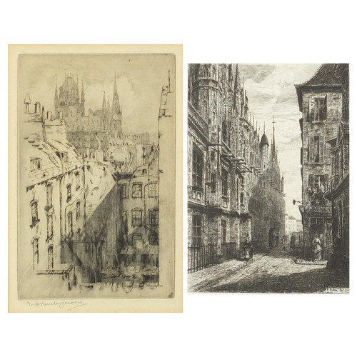 225 - French street scenes, two antique black and white engravings - one pencil signed M. Bramley Moore, e... 