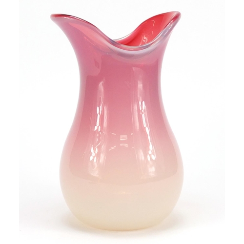 2166 - Murano pink and white glass vase, paper label to base, 25cm wide