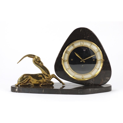 2122 - Art Deco marble mantel clock mounted with a bronze deer, 38.5cm wide