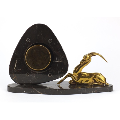 2122 - Art Deco marble mantel clock mounted with a bronze deer, 38.5cm wide
