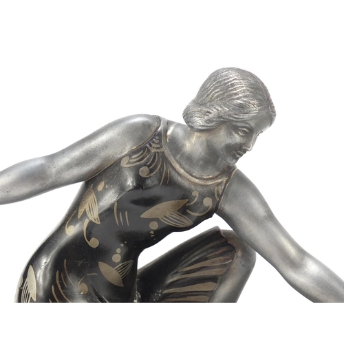 2185 - Art Deco sculpture of a young female and swan raised on a marble and onyx base, 42.5cm wide