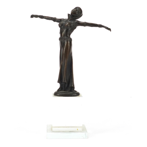 2154 - Bronze study of an Art Deco female raised on a clear block base, 31cm high
